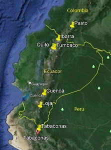 Distribución de Parajubaea cocoides en Colombia, Ecuador y Perú.